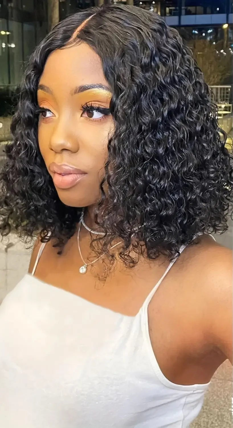 Short Bob Deep Wave HD Lace Front Wig – 100% Human Hair, 8-16 Inch, Transparent Lace