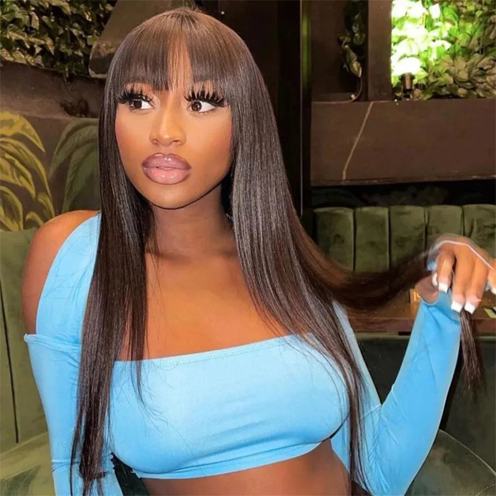 Finros 3x1 Straight Human Hair Wig – Long 26+ Inch, Glueless Pre-Plucked Wig with Bangs