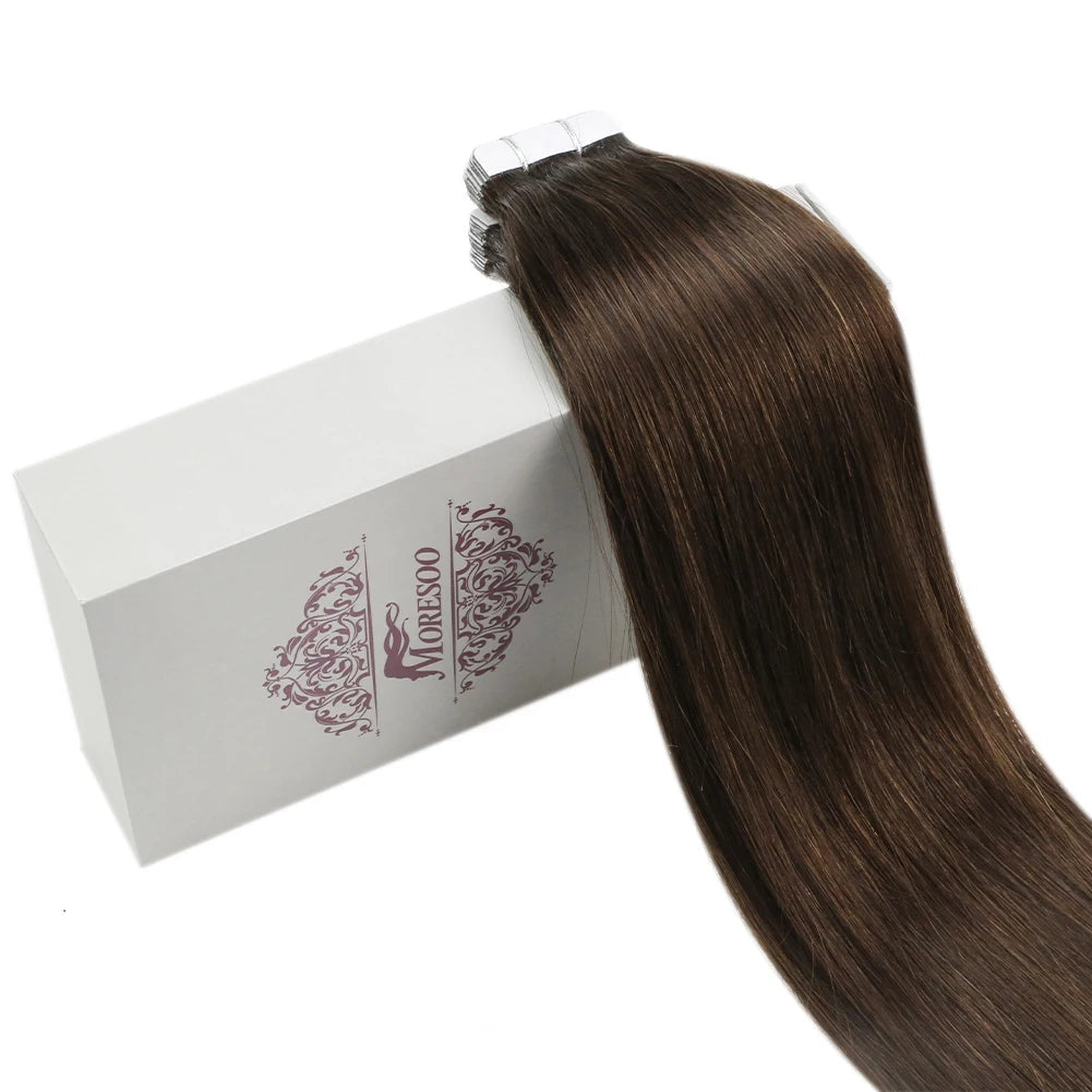 Premium 100% Human Hair Tape-In Extensions – Straight, Natural Hair | 14-24 Inch, 20-100 Pieces, Dark Brown #4