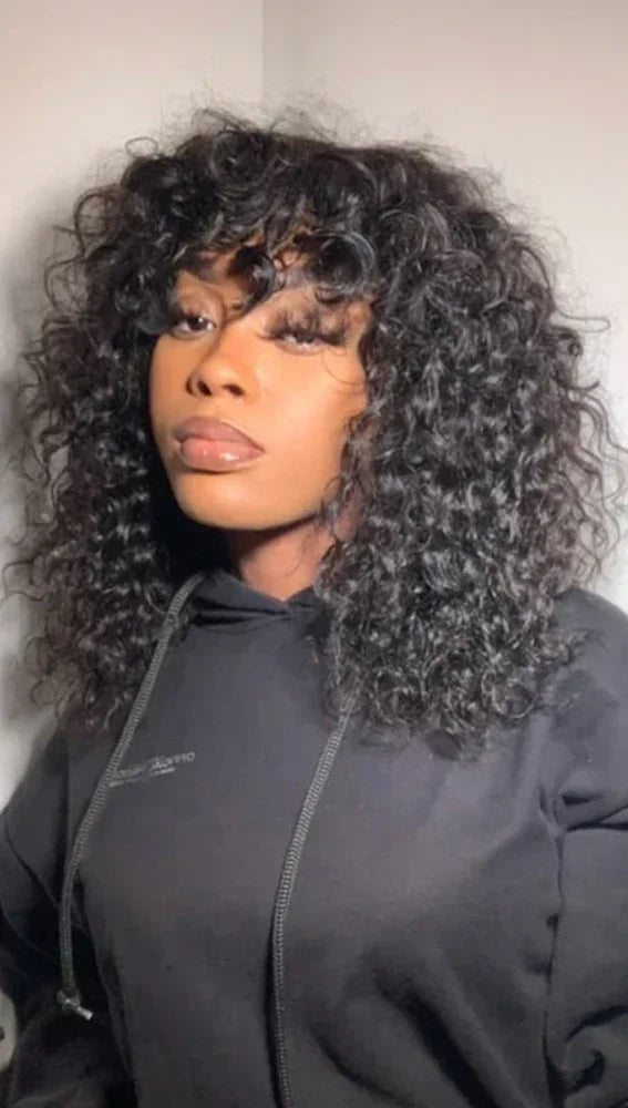 Virgin Straight Human Hair Wig with Wispy Bangs – Glueless, 150% Density, Medium Cap