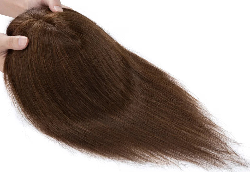 100% Human Hair Topper with Bangs – Natural Silk Base, Multiple Colors & Lengths