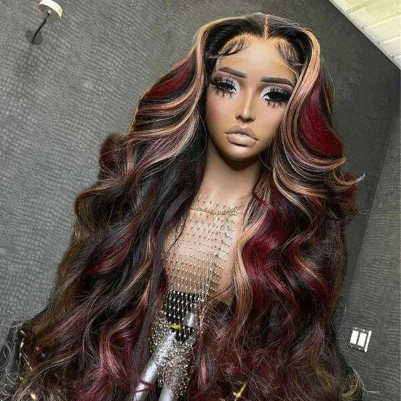 Ombre Brown Blonde Wavy Synthetic Lace Front Wig – Ginger Orange Highlights, Heat-Resistant & Glueless, Pre-Plucked for Natural Look