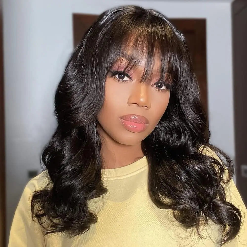 Body Wave Human Hair Wig with Bangs – 3x1 Glueless, 180% Density, Natural Black, Long Lengths (18–30 Inches)