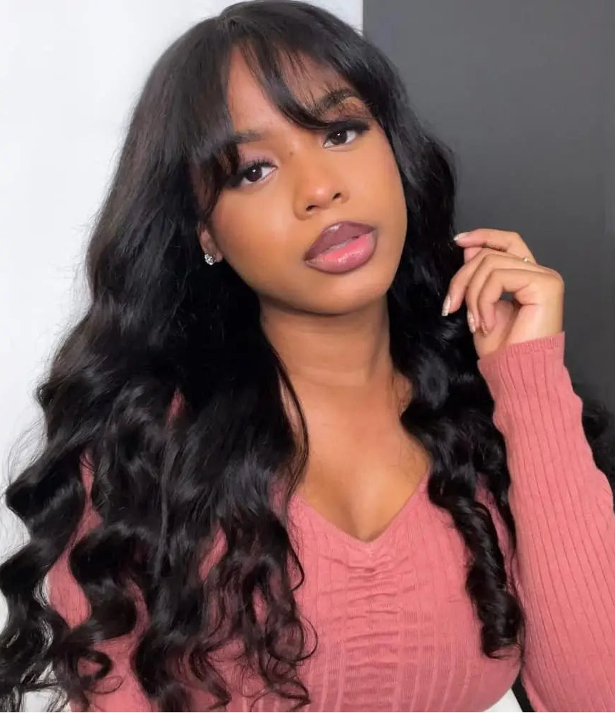 Body Wave Human Hair Wig with Bangs – 3x1 Glueless, 180% Density, Natural Black, Long Lengths (18–30 Inches)