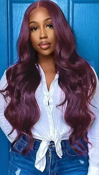 Deep Purple Body Wave Lace Front Wig – Dark Burgundy Glueless T-Part Synthetic Wig, Pre-Plucked Hairline, High-Quality, Affordable