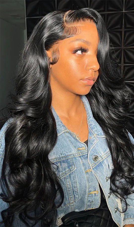 40-Inch Body Wave Human Hair Wig – HD Lace Front, Natural Black, 180-200 Density, Long-Lasting Quality