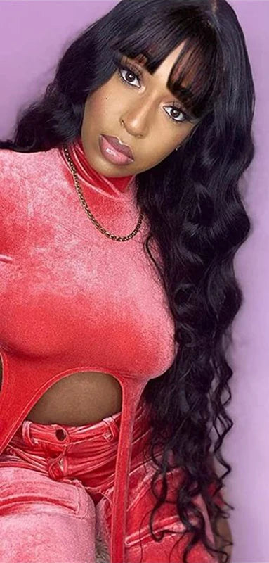 Body Wave Human Hair Lace Front Wig with Bangs – 13x4 Transparent Lace, Glueless, High Density, Available in Multiple Lengths