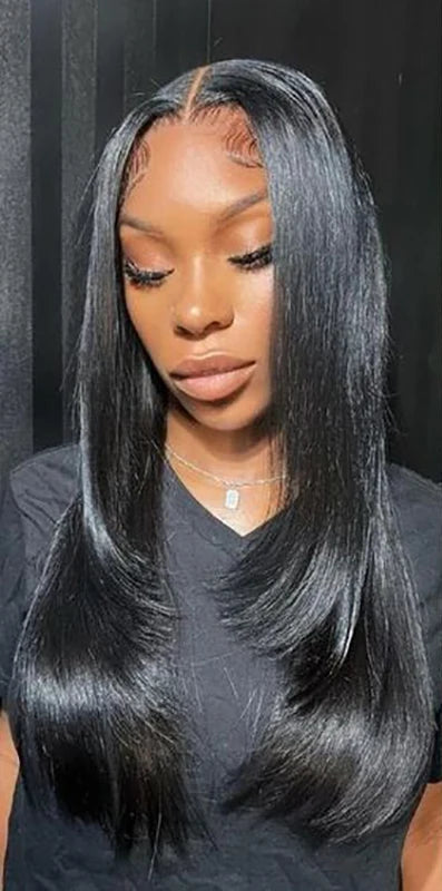 Straight Layered Lace Front Synthetic Wig – T-Part Glueless Design with Natural Pre-Plucked Hairline