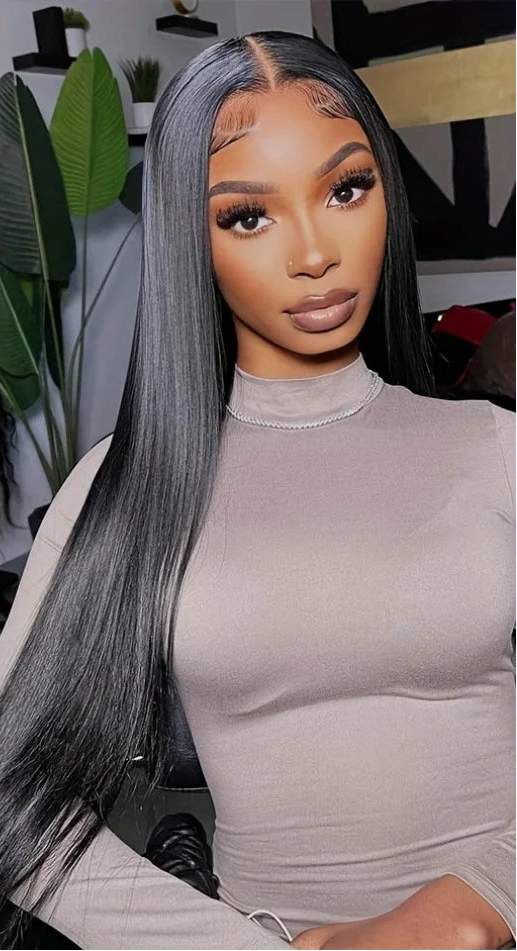 Premium 26+ Inch Straight 4x4 Lace Wig – Natural Human Hair, Pre-Plucked, Transparent Swiss Lace, Can Be Permed"