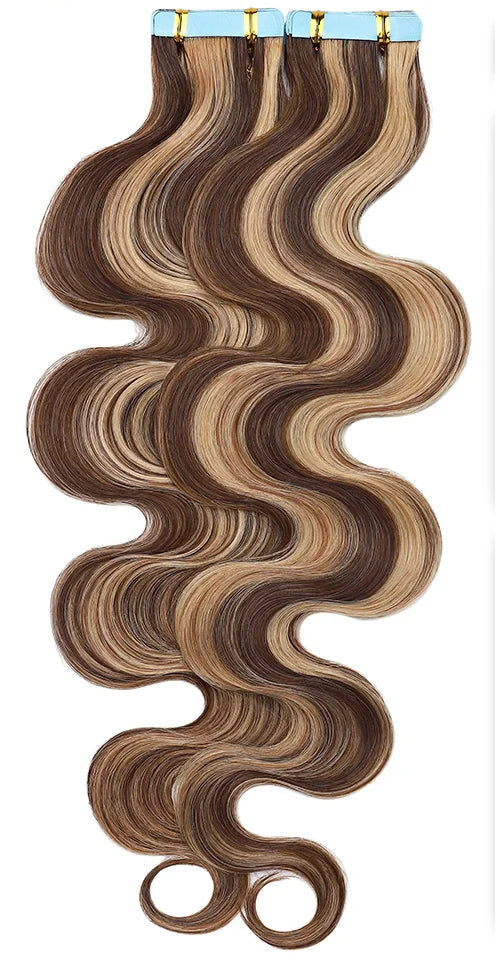 Premium Tape In Hair Extensions – 100% Human Hair, Wavy, Ombre & Piano Colors, 12" to 24", Reusable, Length & Volume Enhancement, Dyeable & Permed