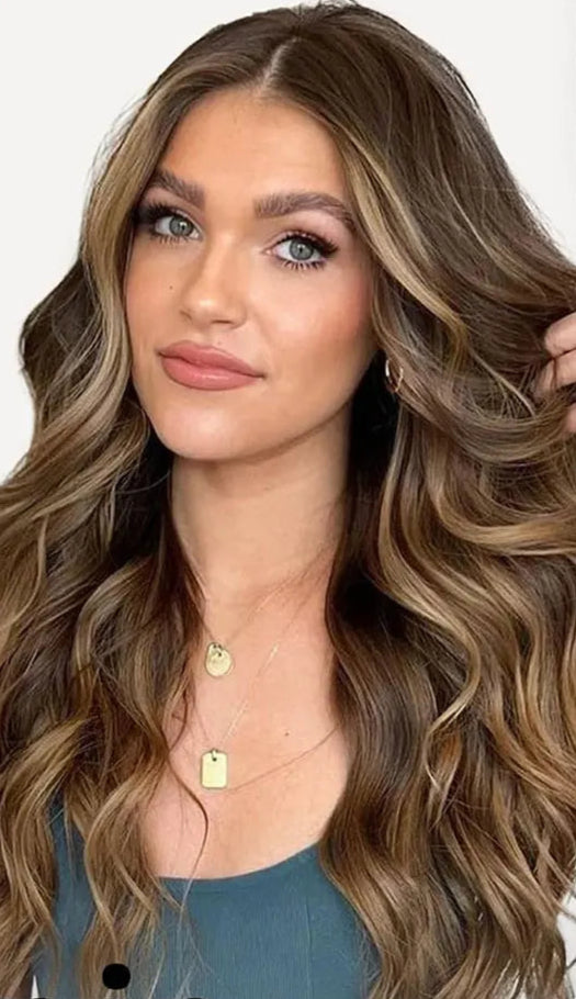 24-Inch Brunette Highlights Balayage Synthetic Clip-In Hair Extensions - Body Wave, Tangle-Free & Silky Smooth