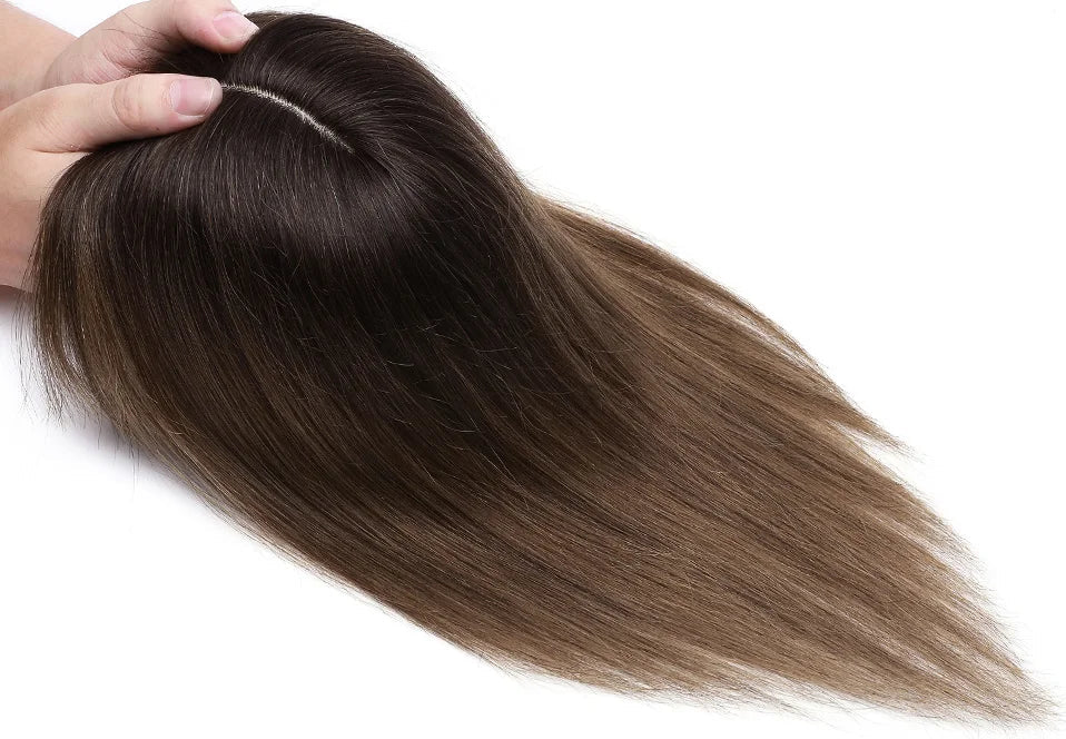 100% Human Hair Topper with Bangs – Natural Silk Base, Multiple Colors & Lengths