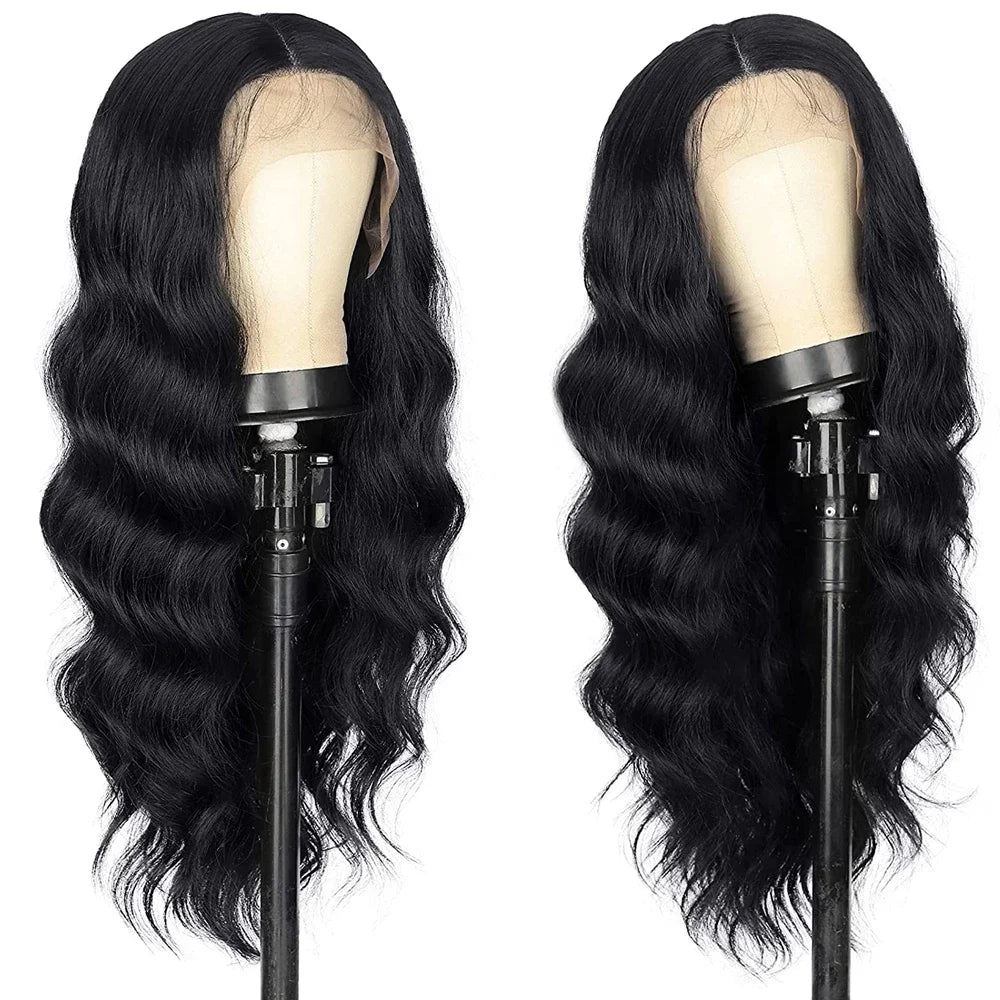 Long Wavy Synthetic Lace Front Wig – Natural Black Heat-Resistant Wig for Black Women