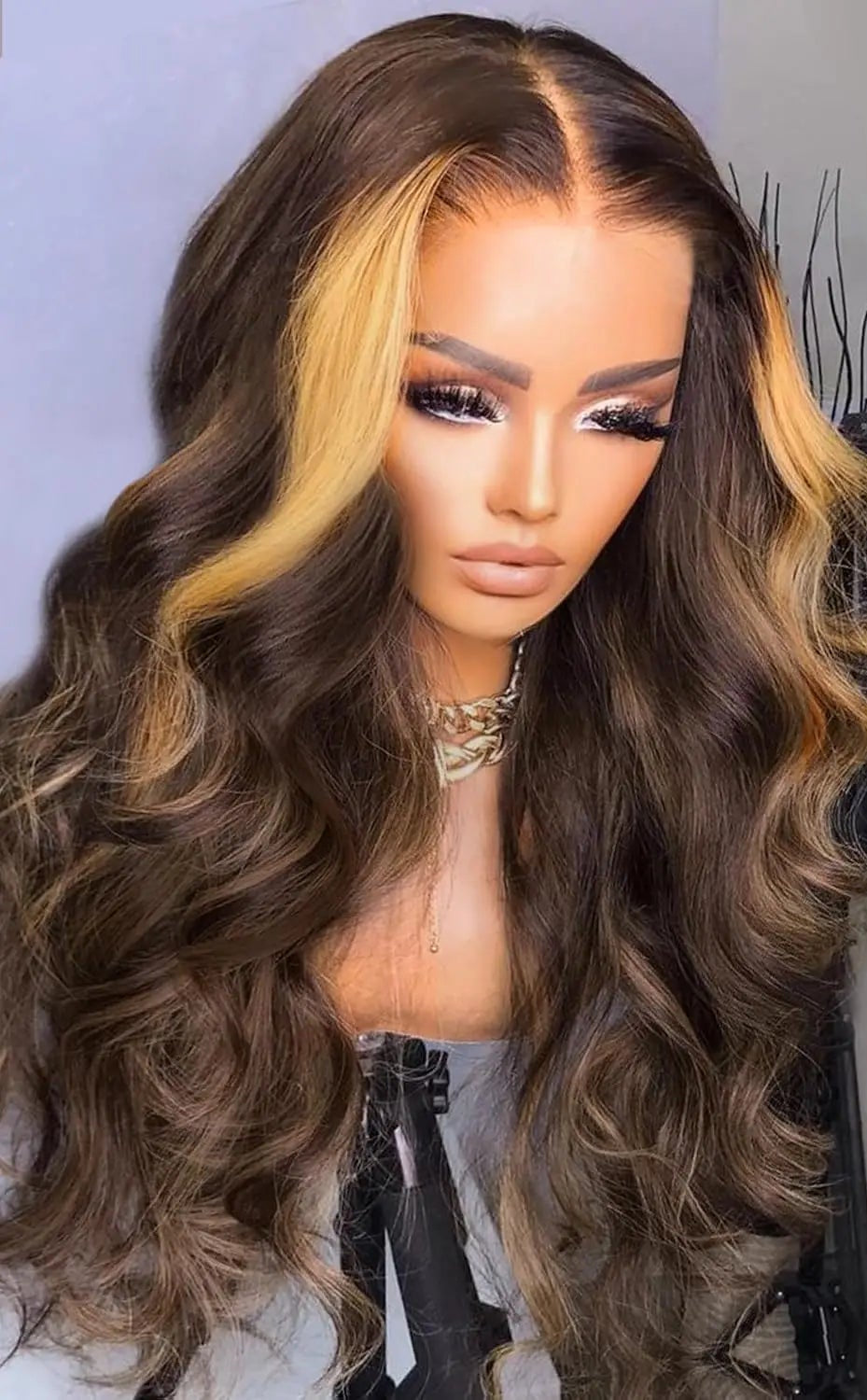 Chocolate Brown & Blonde Highlight Body Wave Synthetic Lace Front Wig – 180% Density, Heat-Resistant, Pre-Plucked
