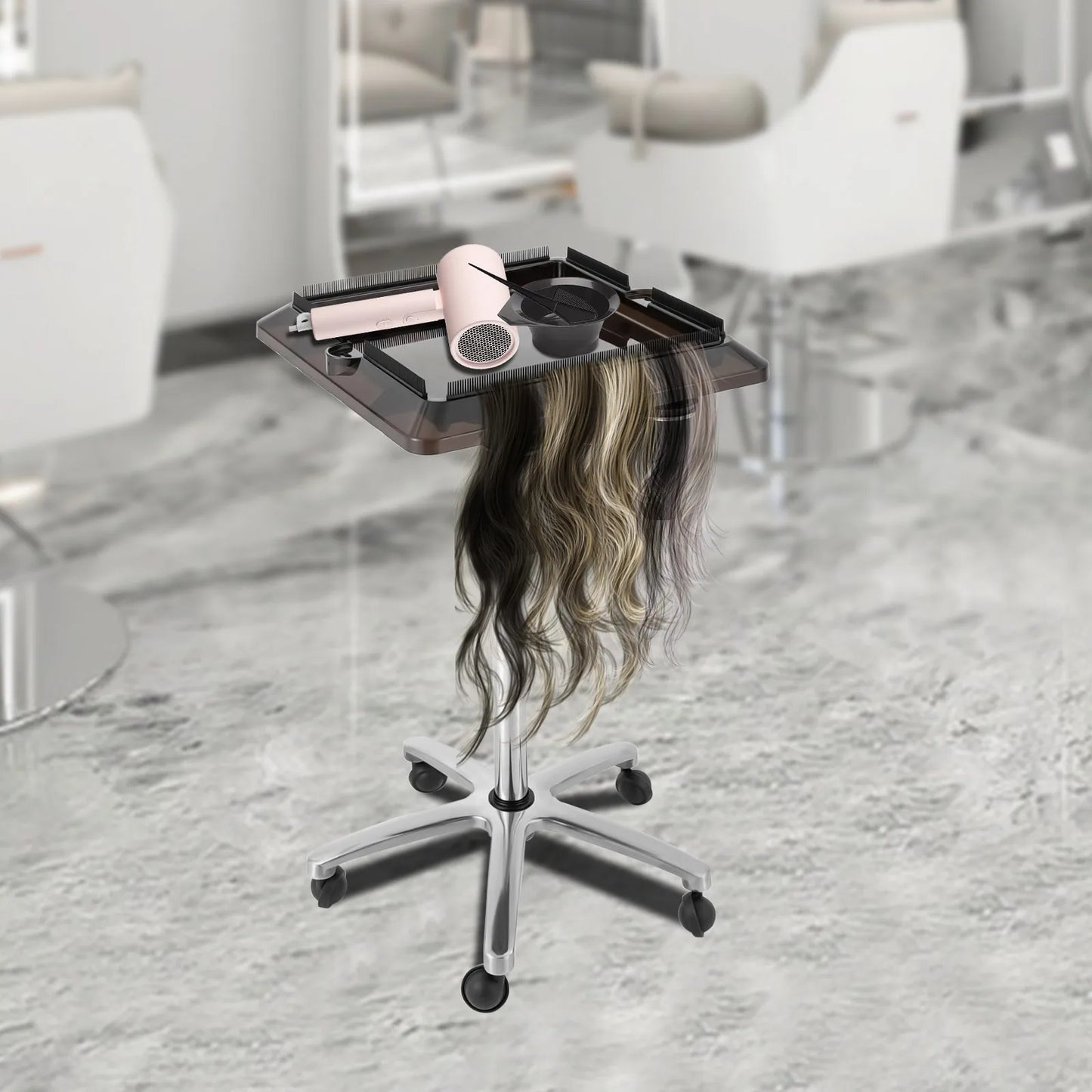 Adjustable Rolling Salon Trolley Tray Cart with Heat-Resistant Storage Buckets | Mobile Hairdressing & Beauty Organizer