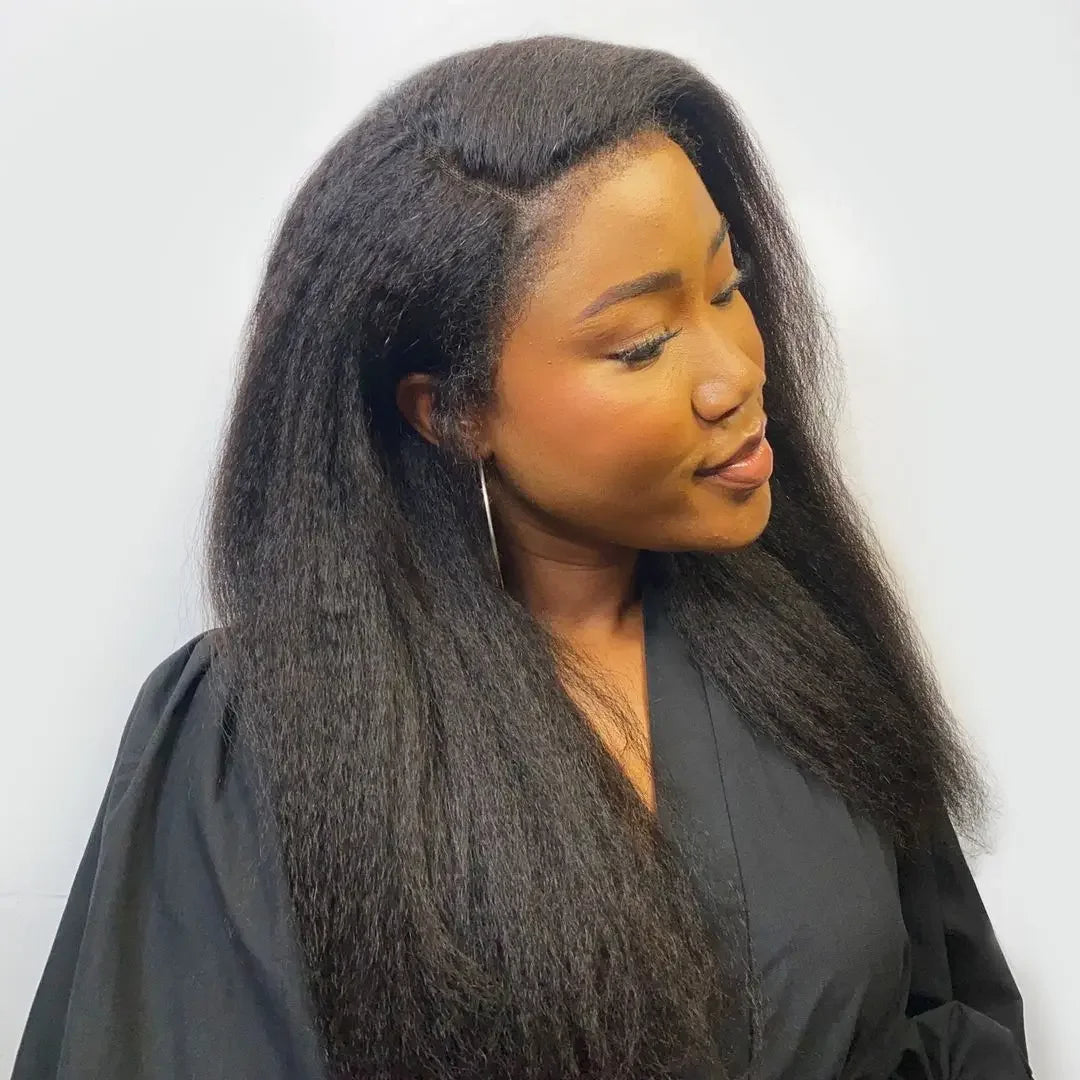 360 Lace Front Kinky Straight Human Hair Wig – Natural Look, Long 26+ Inches, Transparent Swiss Lace