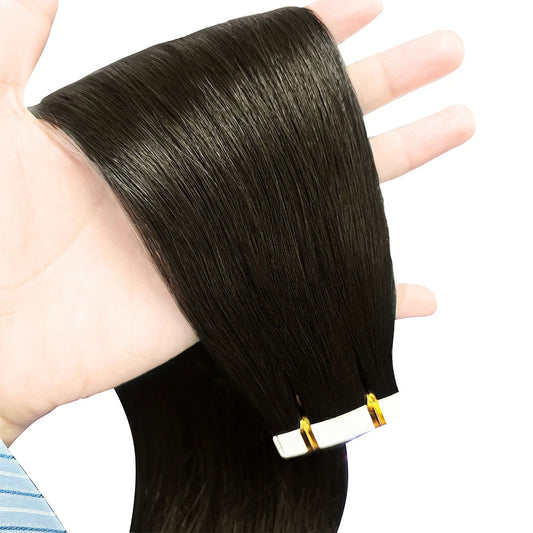 100% Real Human Hair Tape-In Extensions | Natural Black Straight | Long-Lasting & Reusable | 12-24 Inches