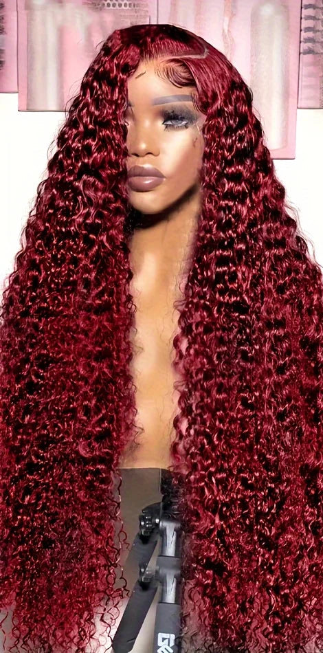 Premium Burgundy Curly Lace Front Wig – 100% Hair, 13x4/13x6 Lace, 26+ Inches, 180%-200% Density