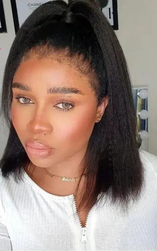 Peruvian Kinky Straight Human Hair Lace Bob Wig – 13*4 Frontal, 10-16 Inch, Swiss Lace, Adjustable Cap