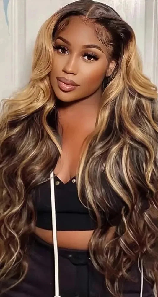 26+ Inch Body Wave HD Transparent Lace Front Wig – Highlighted Human Hair, Pre-Plucked, Ombre Style