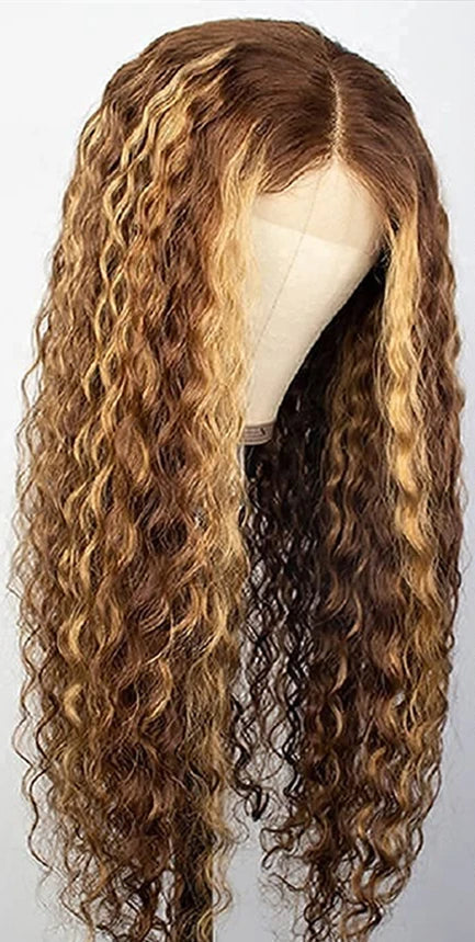 13x4 Highlight Curly Lace Front Wig – Honey Blonde Deep Wave, 100% Hair
