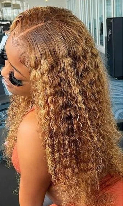 13x4 Highlight Curly Lace Front Wig – Honey Blonde Deep Wave, 100% Hair
