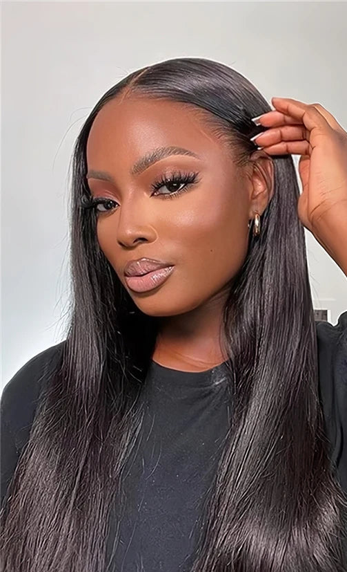 Premium 26+ Inch Straight Lace Front Wig - Natural Black, Swiss Lace, Pre-Plucked, No Shedding, Can Be Permed"