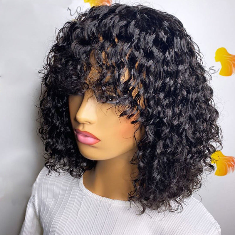 Short Water Wave Human Hair Wig – Full Machine-Made with Long Bangs