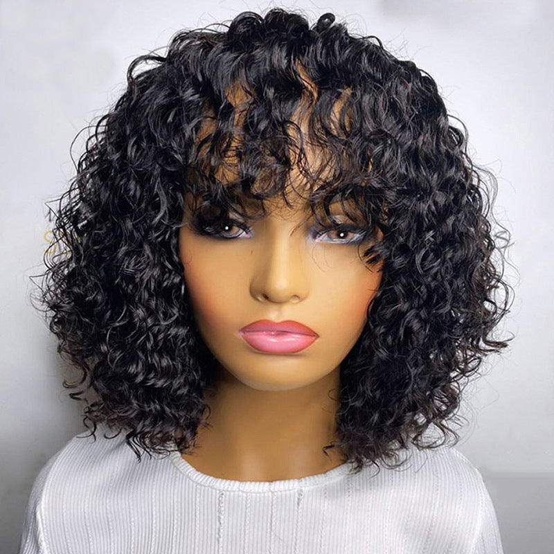 Short Water Wave Human Hair Wig – Full Machine-Made with Long Bangs