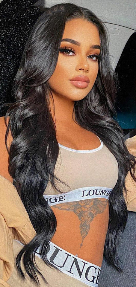 Star Fashion Black Body Wave Headgear - Real Human Hair with Long Bangs for Ms.