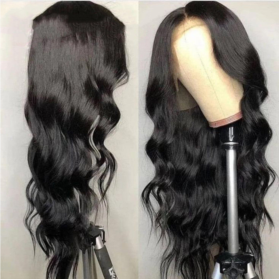 Star Fashion Black Body Wave Headgear - Real Human Hair with Long Bangs for Ms.