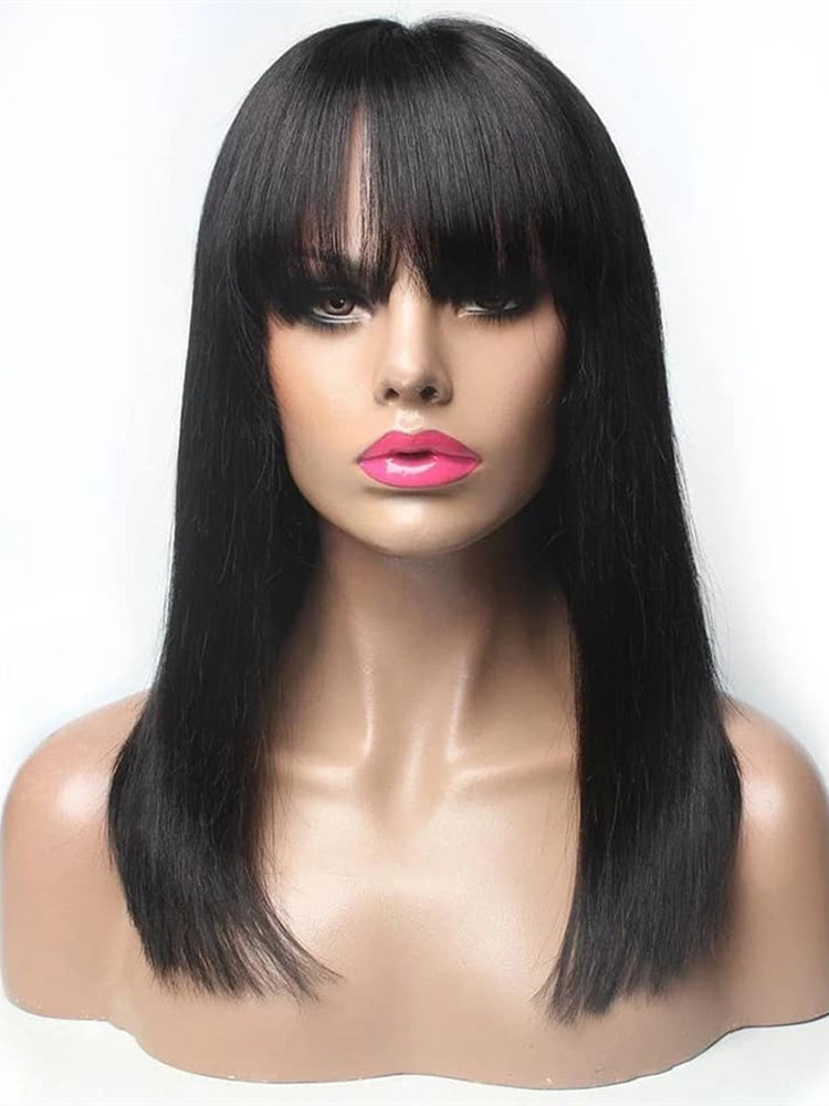 Straight Black Wig – 100% Real Hair, 30-Inch Long Bangs, 150% Density