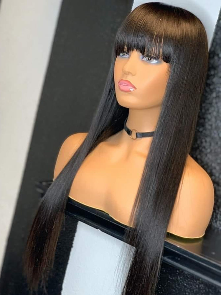 Straight Black Wig – 100% Real Hair, 30-Inch Long Bangs, 150% Density