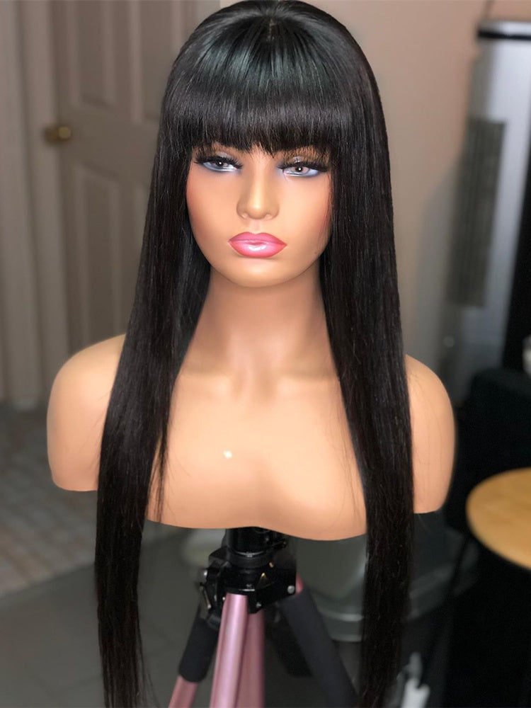 Straight Black Wig – 100% Real Hair, 30-Inch Long Bangs, 150% Density
