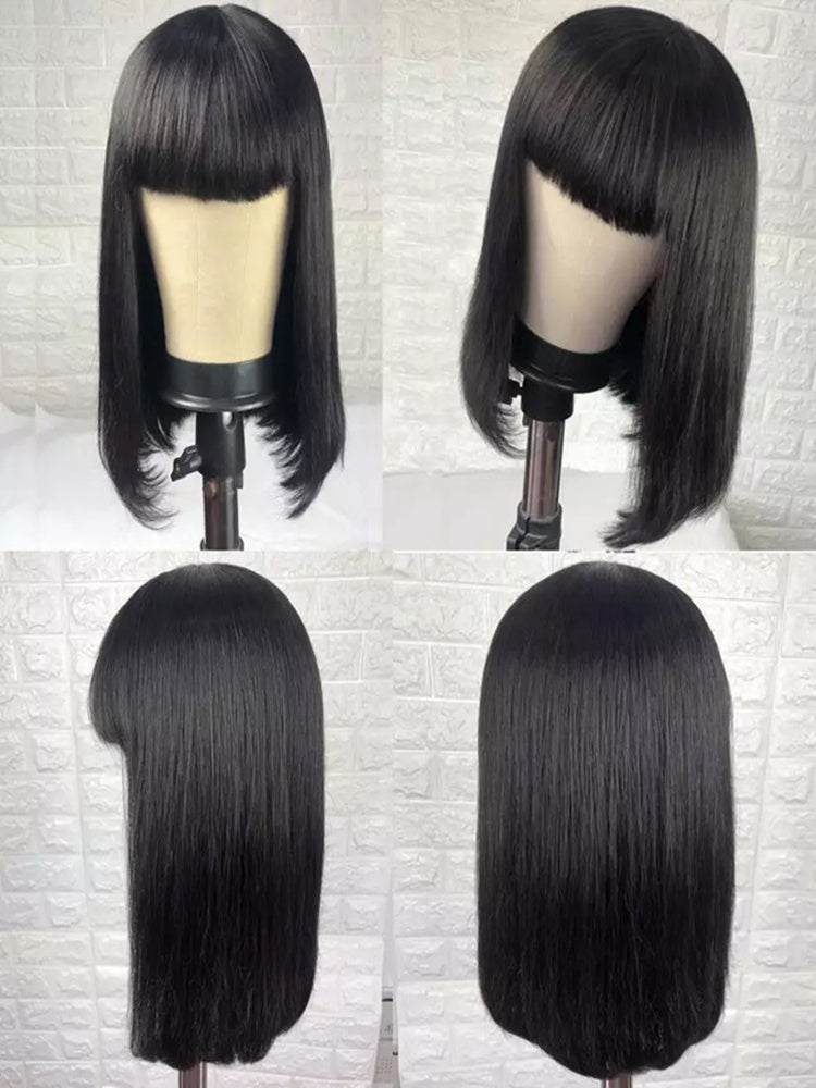 Straight Black Wig – 100% Real Hair, 30-Inch Long Bangs, 150% Density