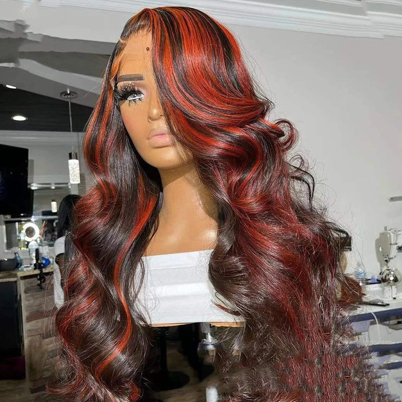 Stunning Burgundy Highlight Lace Frontal Wig – Real Human Hair with Versatile Closure Options