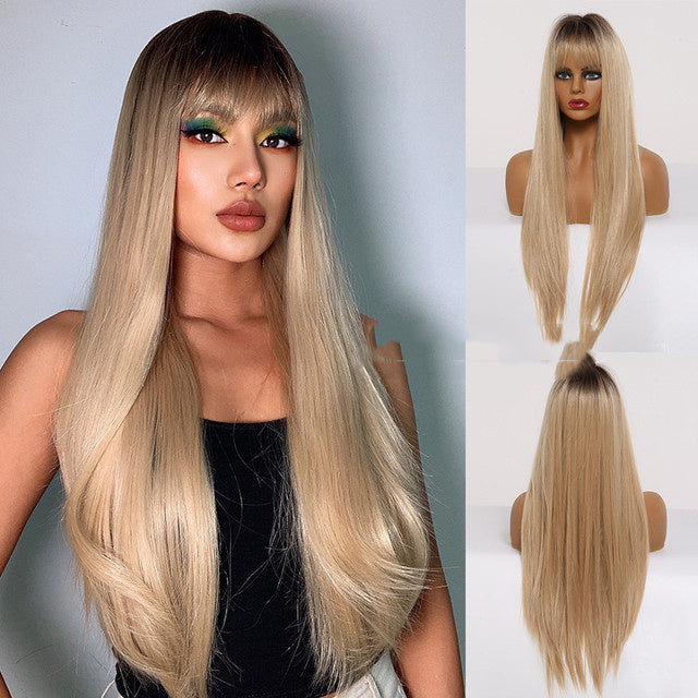 Stylish Long Straight High-Temperature Silk Wigs for Women – Multiple Color Options with Natural Bangs