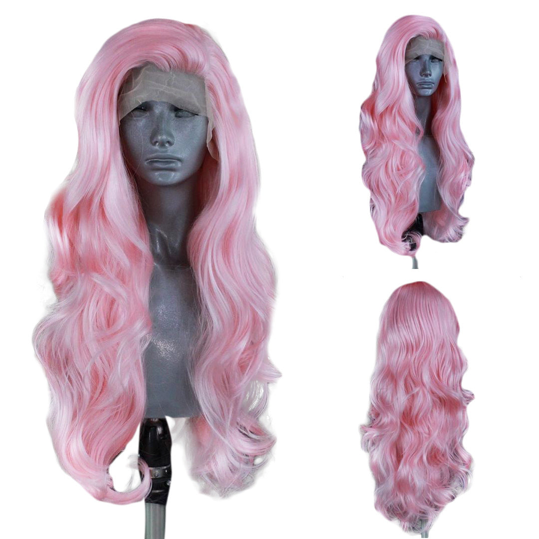 Wavy Lace Head Cover - Pink High Temperature Wire Wig with Oblique Bangs