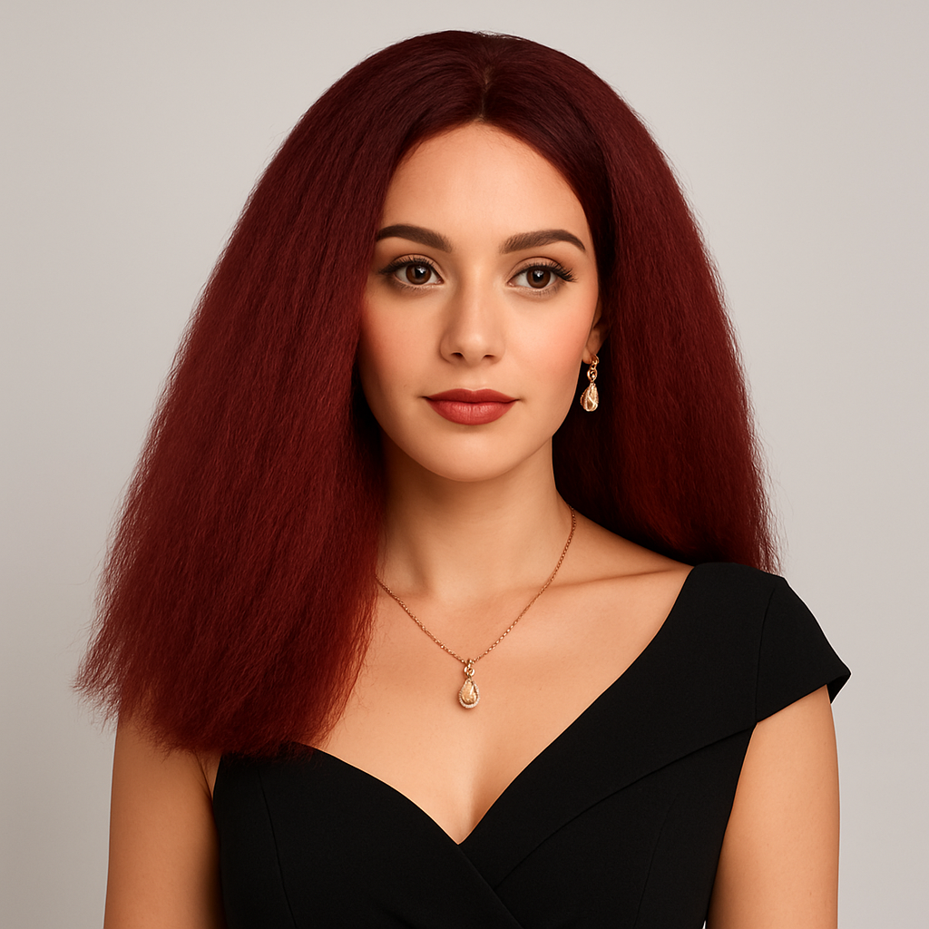 Wine Red Afro Yaki Wig – Long Fluffy Synthetic Hair, 24 Inch