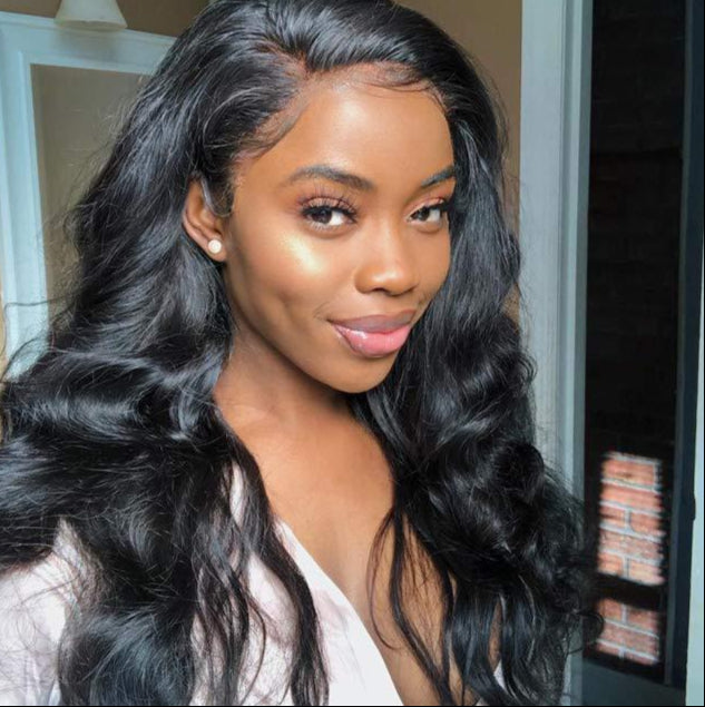 Women's Black Long Curly Wig – Front Lace Medium Part Hairstyle