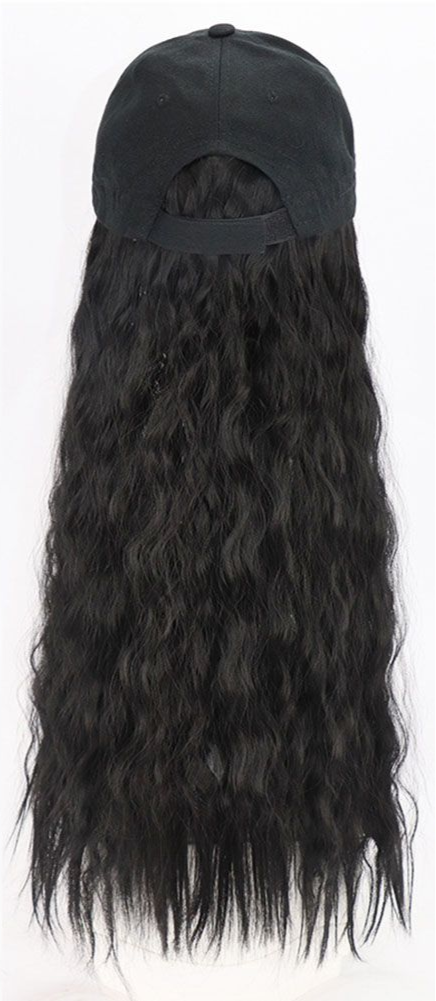 Black Baseball Cap with Long Curly Wig – Synthetic Hair Extensions