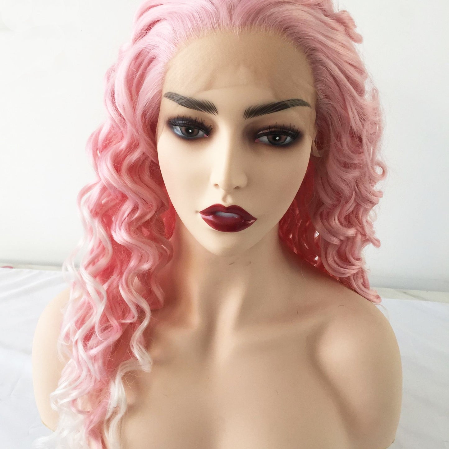 Pink Lace Long Curly Wig | Half Machine, Half Handwoven | Heat-Resistant Fiber