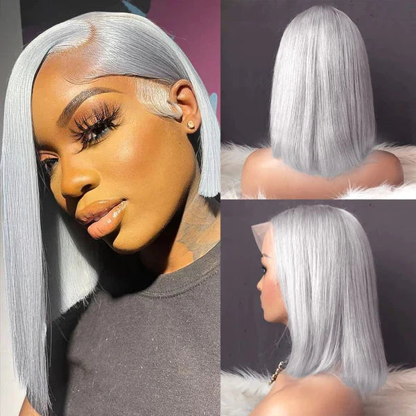 Hair 13x6 Grey Straight Lace Front Bob Wigs Colored Human Hair Wigs Lace Frontal Wig