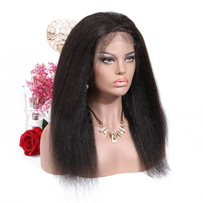 Beumax Kinky Straight Brazilian Human Hair Wig – 13x4 Lace Frontal & T-Part, Remy Hair, 180% Density