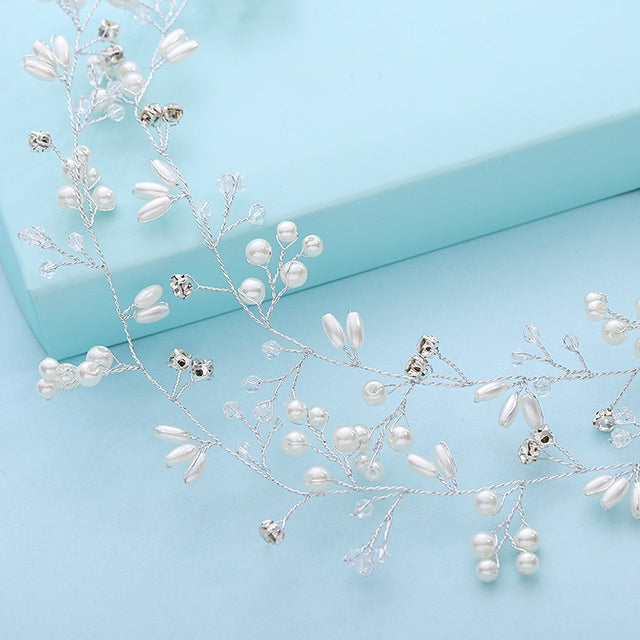 Bride's Long Hair Band – Elegant Silver, Gold & Rose Gold Wedding Headband with Pearls