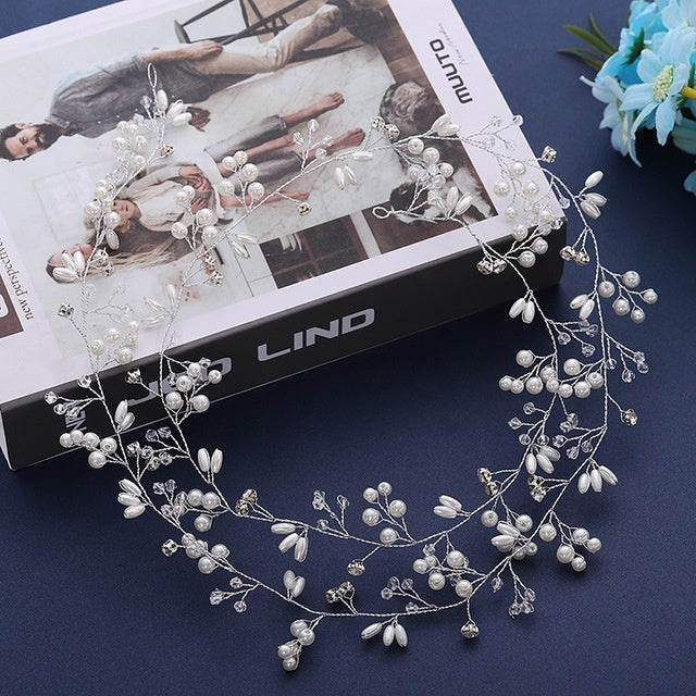 Bride's Long Hair Band – Elegant Silver, Gold & Rose Gold Wedding Headband with Pearls