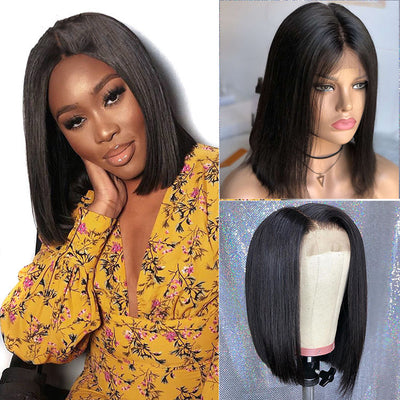 Front Lace Black Short Straight Hair Wig | 12"–26" Length | High-Temperature Silk | Half Hand-Woven Headgear