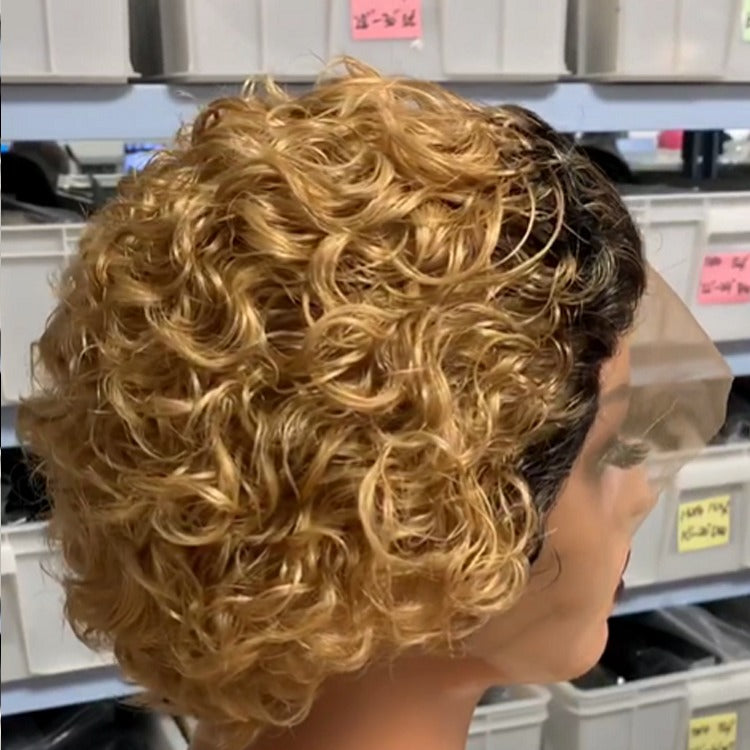 Chic Ombre Curly Pixie Cut Lace Front Wig - 8 Inch Brazilian Hair