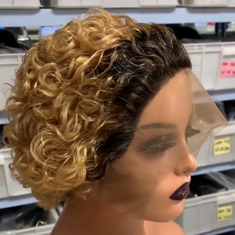 Chic Ombre Curly Pixie Cut Lace Front Wig - 8 Inch Brazilian Hair