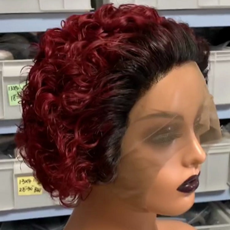 Chic Ombre Curly Pixie Cut Lace Front Wig - 8 Inch Brazilian Hair